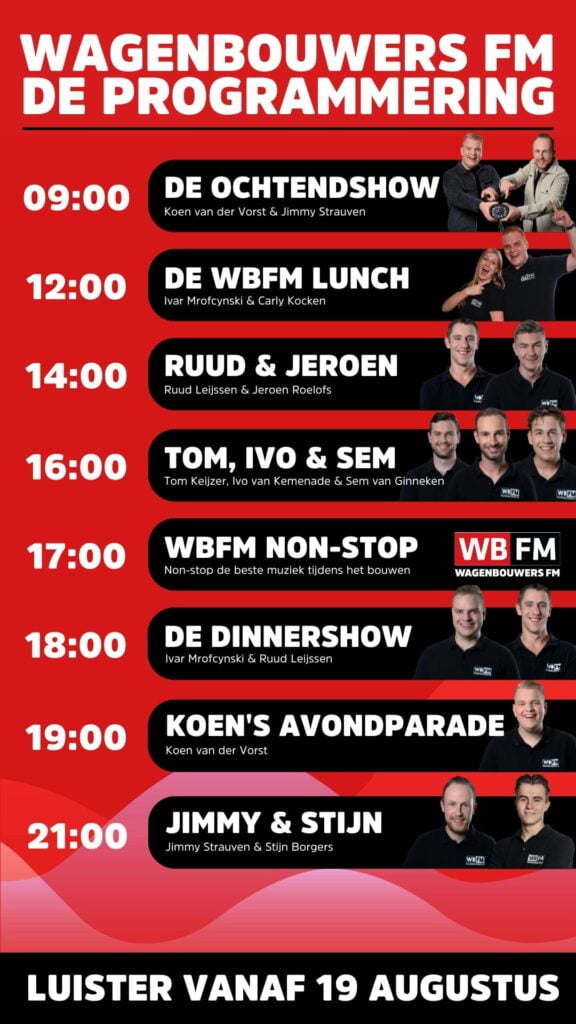 Programmering WagenbouwersFM, de radiozender voor de Brabantsedag in Heeze