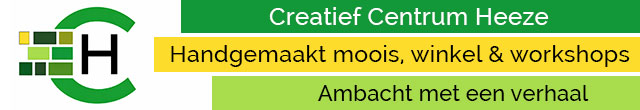 Banner voor Creatief Centrum Heeze met slogans over handmade spullen, winkel en workshops; ambacht met een verhaal.