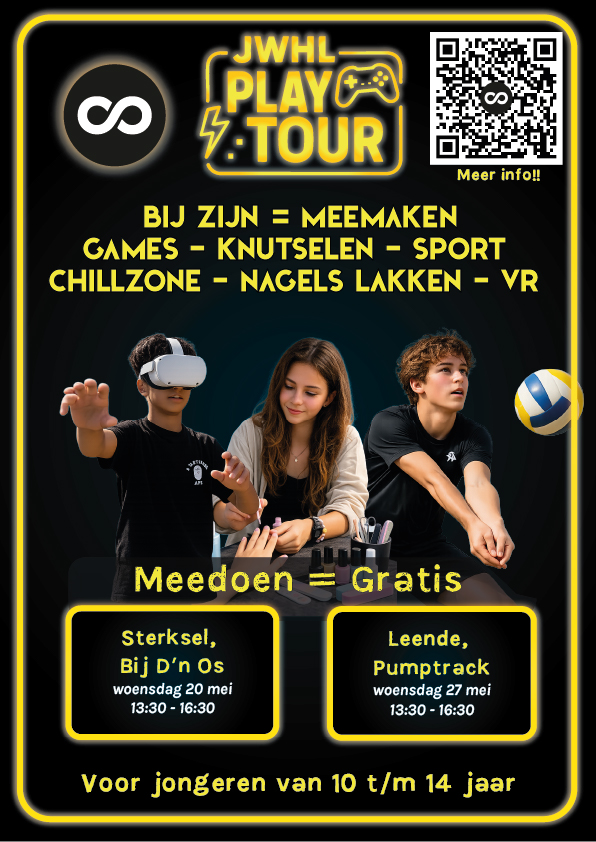 JWHL Play Tour poster advertising free youth events (ages 10–14) with VR gaming and hands-on activities; two workshop blocks on May 20 and May 27, 13:30–16:30, QR code top right included.