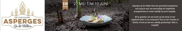 Promotional banner for Asperges on the Velden: logo on the left, a plated asparagus dish on a rock in the center, and event dates in Dutch on the right (May 27–June 10).