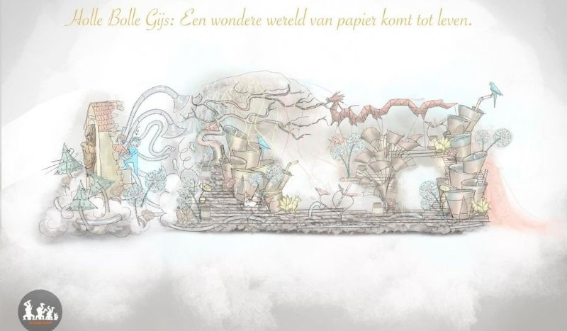 Whimsical paper-art landscape with stacked structures and plants; Dutch title at top reads 'Holle Bolle Gijs: Een wondere wereld van papier komt tot leven'.