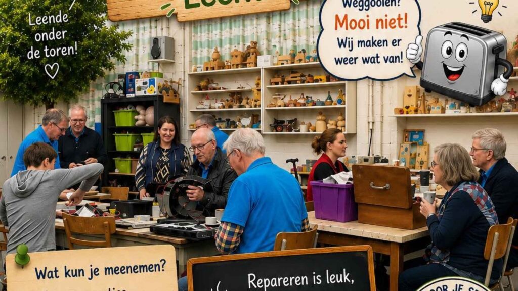 A busy workshop where people repair items together at a long table, shelves with toys in the background, and signs about repairing instead of discarding.