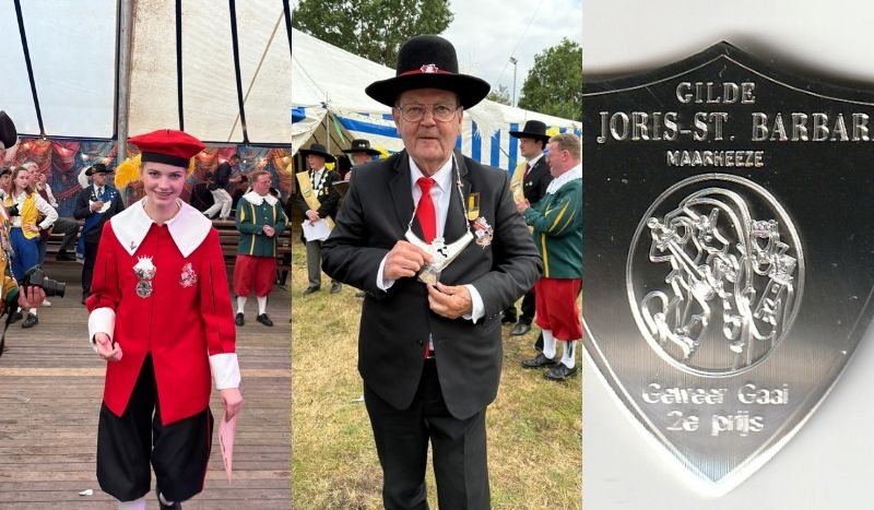 Three-panel collage from a guild festival: a person in a red ceremonial jacket, an older man in a suit with medals, and a close-up of a silver shield badge reading 'Gilde Joris-St Barbara'.
