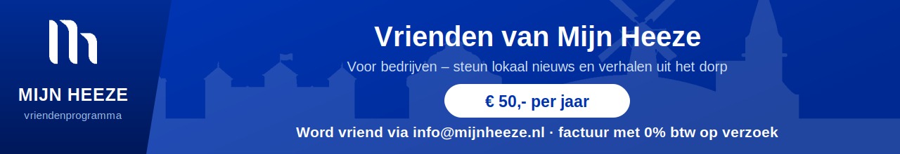 Banner: logo links, blue skyline, heading 'Vrienden van Mijn Heeze' with subtext and a white rounded button '€ 50,- per jaar'