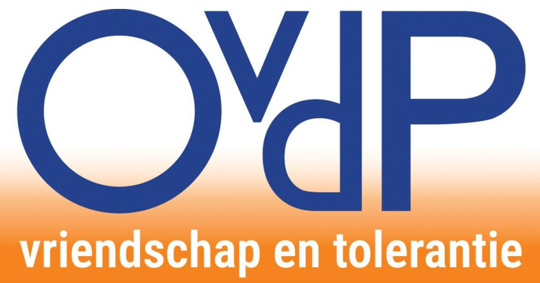 OVP logo with blue letters and the slogan 'vriendschap en tolerantie' on an orange gradient background