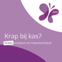 Promotional banner in purple tones offering free tampons and sanitary pads; text reads 'Krap bij kas? Gratis tampons en maandverband'