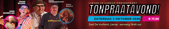 Poster advertising a Dutch 'praatavond' show with multiple performers; includes date Oct 3, 2026, location Zaal De Vurherd in Lierop, and price €17.50.